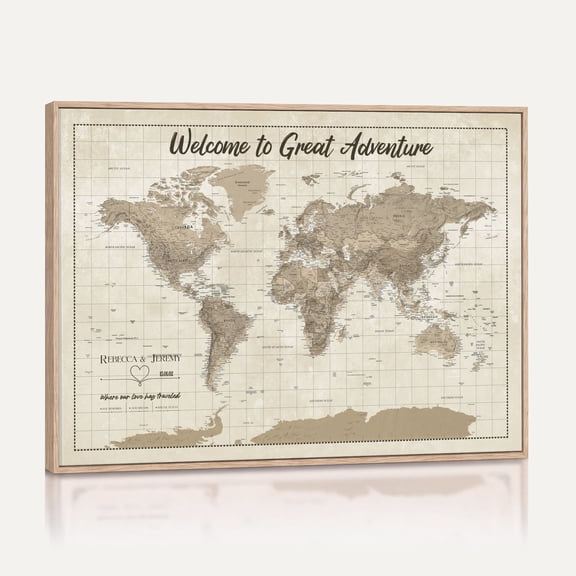 Artisense Personalized Push Pin World Map Canvas, Custom Travel Tracker with 100 Pins, Natural Floating Frame, 40" x 27"