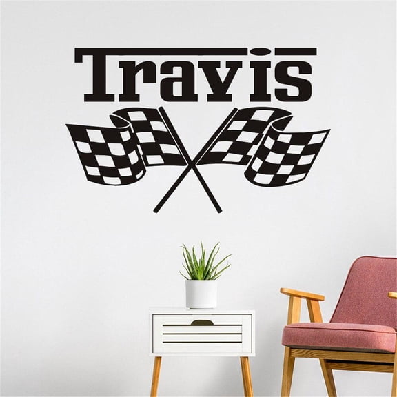 Custom Racing Car Flag Name Wall Sticker Boy Room Kids Room Personalized Checkered Flags Race Theme Name Wall Decal Vinyl Decor 80x50cm