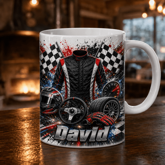 Custom Racing Mug Personalized Racer Gift with Driver Suit and Checkered Flags