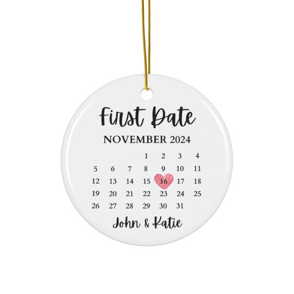 Custom Relationship Date Ceramic Ornament with Custom Names & Calendar Design, Couple Keepsake, Christmas Tree Decor & Anniversary Gift for Partners, Dating Memories, Romantic Celebrations or Holiday