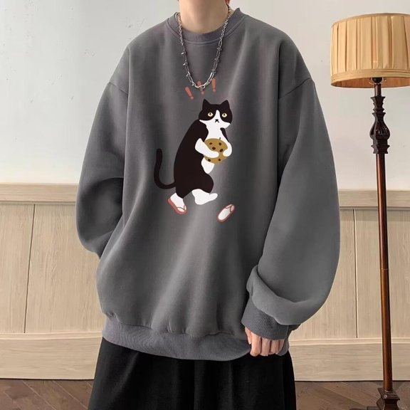 Autumn Men's Loose Hoodie Spring Oversized Pullover Crew Neck Black Sweatshirt Cat Print Top