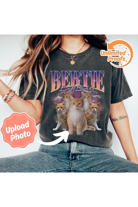 Custom Retro Cat Shirt Personalized Pet Tee Custom Photo 90s Graphic Rap Cat Shirt Custom
