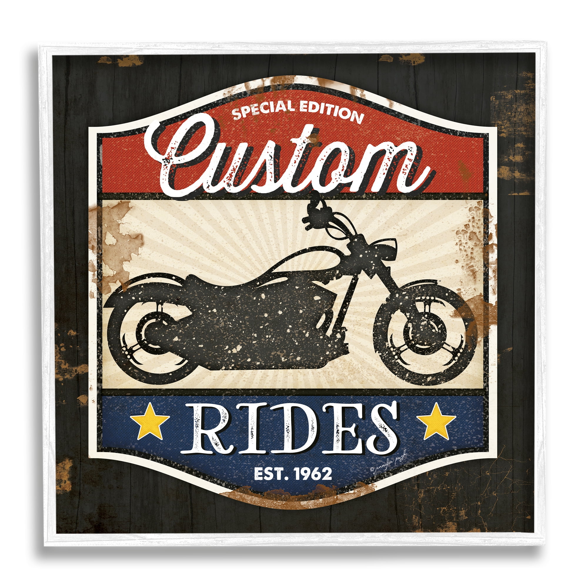 Custom Rides Motorcycle Sign Vintage Americana Bike Typography Framed Art Print Wall Art, 17x17