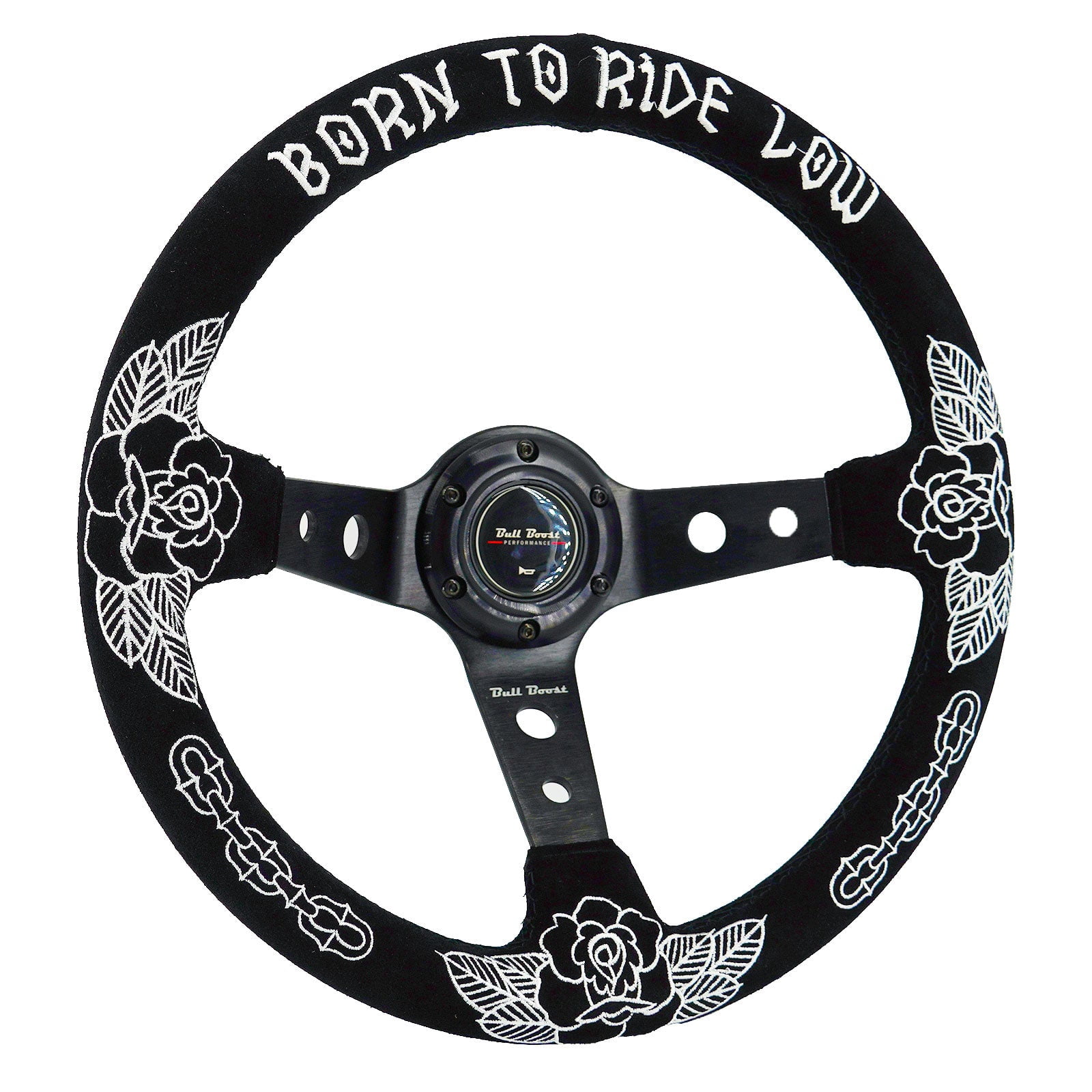 350mm 3" Deep Dish 6-Bolt Steering Wheel – Black Suede/White Stripe – Bull Boost Performance - View #4