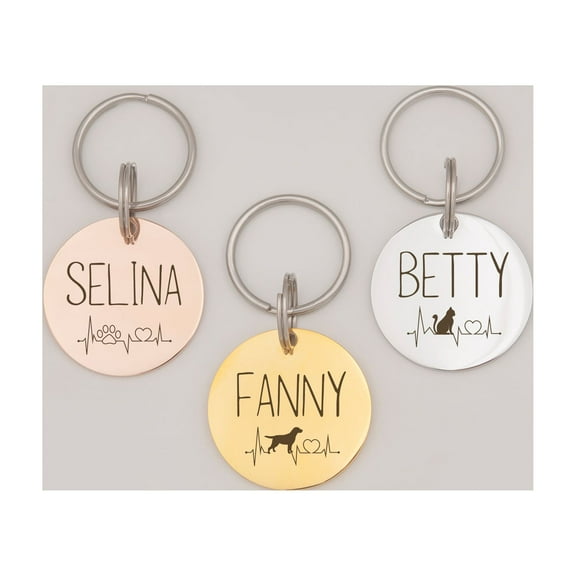 Custom Round Dog Tag - Engravable Dog Name and Ecg Design Pet ID Dog Tag - Personalized Pet Tags for Cat and Dogs - Small Medium Large Size - Stainless Steel Collar Pet Tags - Ships Next Day!