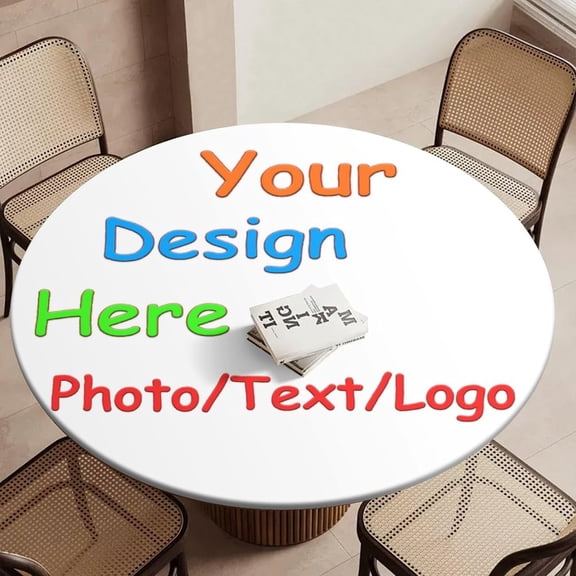 Custom Round Fitted Tablecloth with Elastic Round Elastic Tablecloth 40"-44" Personalized Fitted Table Cover Waterproof Wipeable Customized with Photo/Text/Logo Circle Table Cloth for Outdoor Picnic