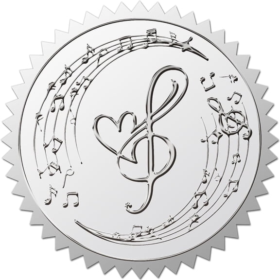 Custom Round Silver Foil Embossed Picture Stickers Self Adhesive Award Certificate Seals Metallic Stamp Seal Stickers Musical Note 50mm 4pcs/sheet