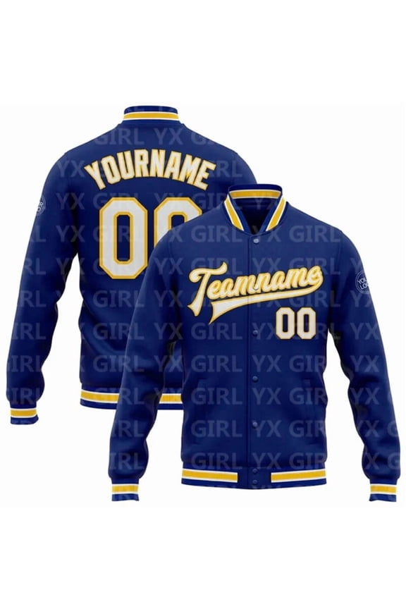 Custom Royal White-Yellow Bomber Full-Snap Varsity Letterman Jacket 3D Printed Baseball Bu