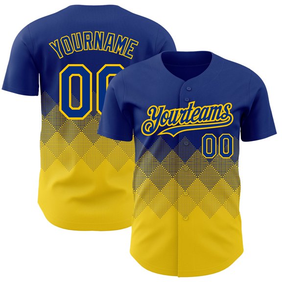 Custom Royal Yellow 3D Pattern Design Gradient Square Shapes Authentic Baseball Jersey - H