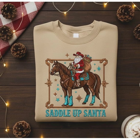 Custom Saddle Up Santa Sweatshirt Western Christmas Embroidered Cowboy Holiday Sweater Country Rodeo Santa Gift