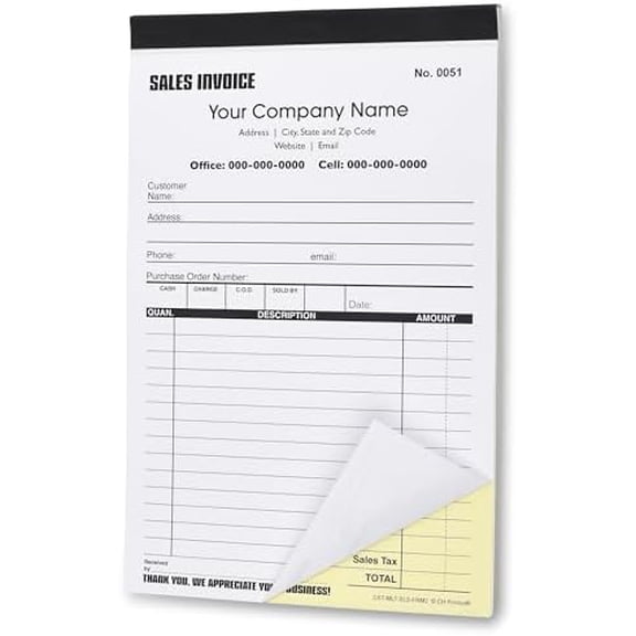 Custom Sales Invoice Personalized Duplicate Carbonless Form with Your Company Name - 2 Books (100 Sets) Numbered$$Office