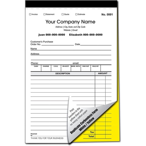 Custom Sales, Invoice, Statement, Estimate, Quote, Personalized Multipurpose Duplicate Carbonless Form with Your Company Name - 5 Books (250 Sets) Numbered