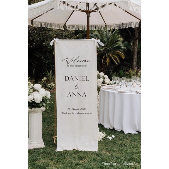 Custom Satin Wedding Welcome Sign, Personalized Fabric Banner, Engagement Party Decor