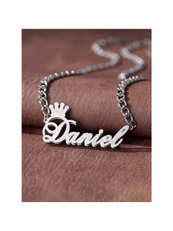 Custom Script Name Crown Accent Cutout Pendant For Men Women, 14K White Gold Filled Upscale Timeless Crafted Jewelry