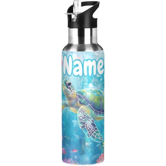 Custom Sea Turtle Watercolor Water Bottle with Straw Lid Personalized Name Kids Insulated Stainless Steel Water Flask Sports, 20 Oz Hot Cold