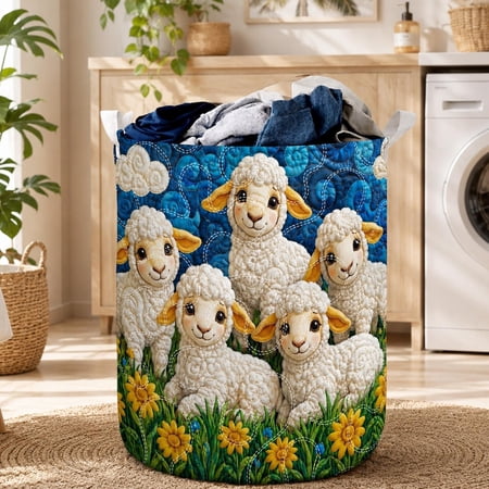 Custom Sheep Quilted Laundry Basket, Cute Lamb Floral Hamper, Farmhouse Sheep Laundry Bin, Personalized Fabric Storage Basket