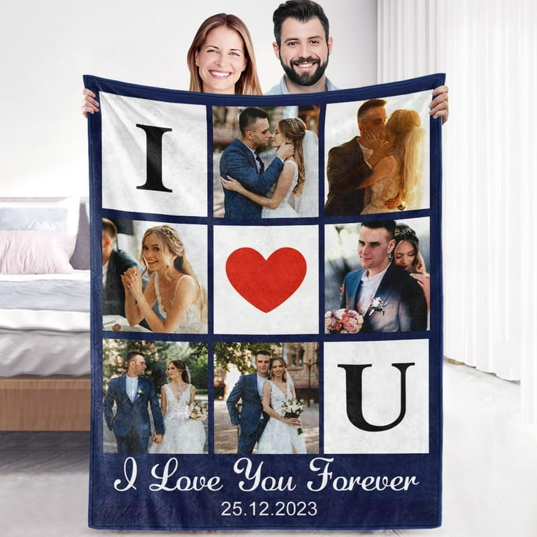 Custom Sherpa Fleece Blanket with Photos Text Soft Warm Fuzzy Custom Blanket Personalized Couples Gifts for Boyfriend Girlfriend Customized Picture Blanket Gifts for Birthday Anniversary Christmas Wal...