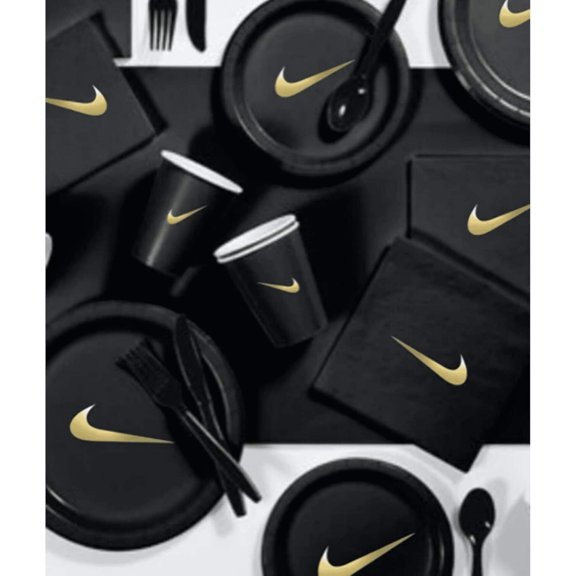 Custom Shoe Party Tableware Set, Black W/Gold, Paper Plates, Cups, Napkins 60pc