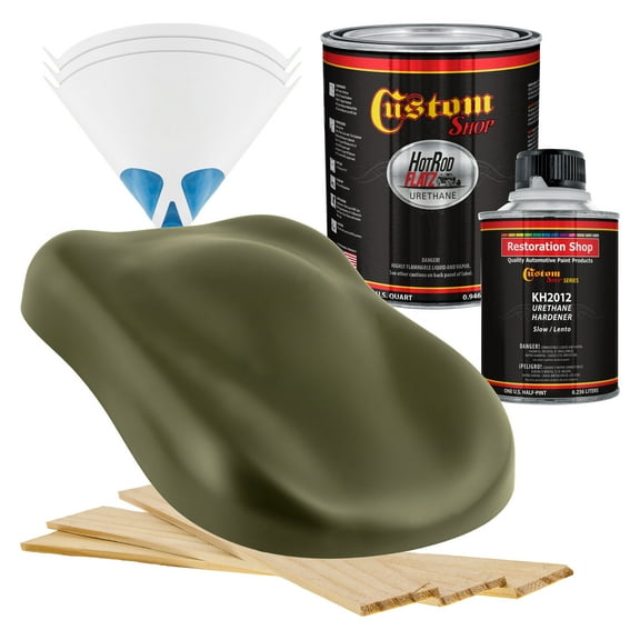 Custom Shop - Olive Drab Green - Hot Rod Flatz Flat Matte Satin Urethane Auto Paint - Complete Quart Paint Kit - Professional Low Sheen Automotive, Car Truck Coating, 4:1 Mix Ratio