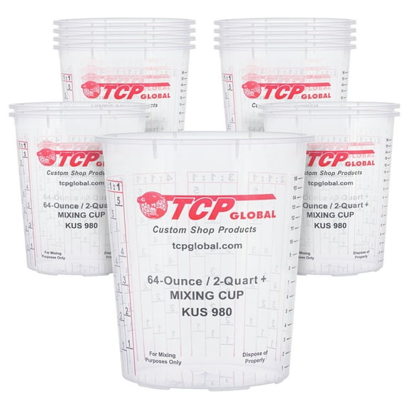 Custom Shop Paint Mixing Cups Plastic Measuring Cup Epoxy Resin, Disposable or Reusable, 64-Ounce (2 Quarts) - Pack of 12 - Graduated, Mixing Ratios, Automotive Painting Acrylic Art Crafts