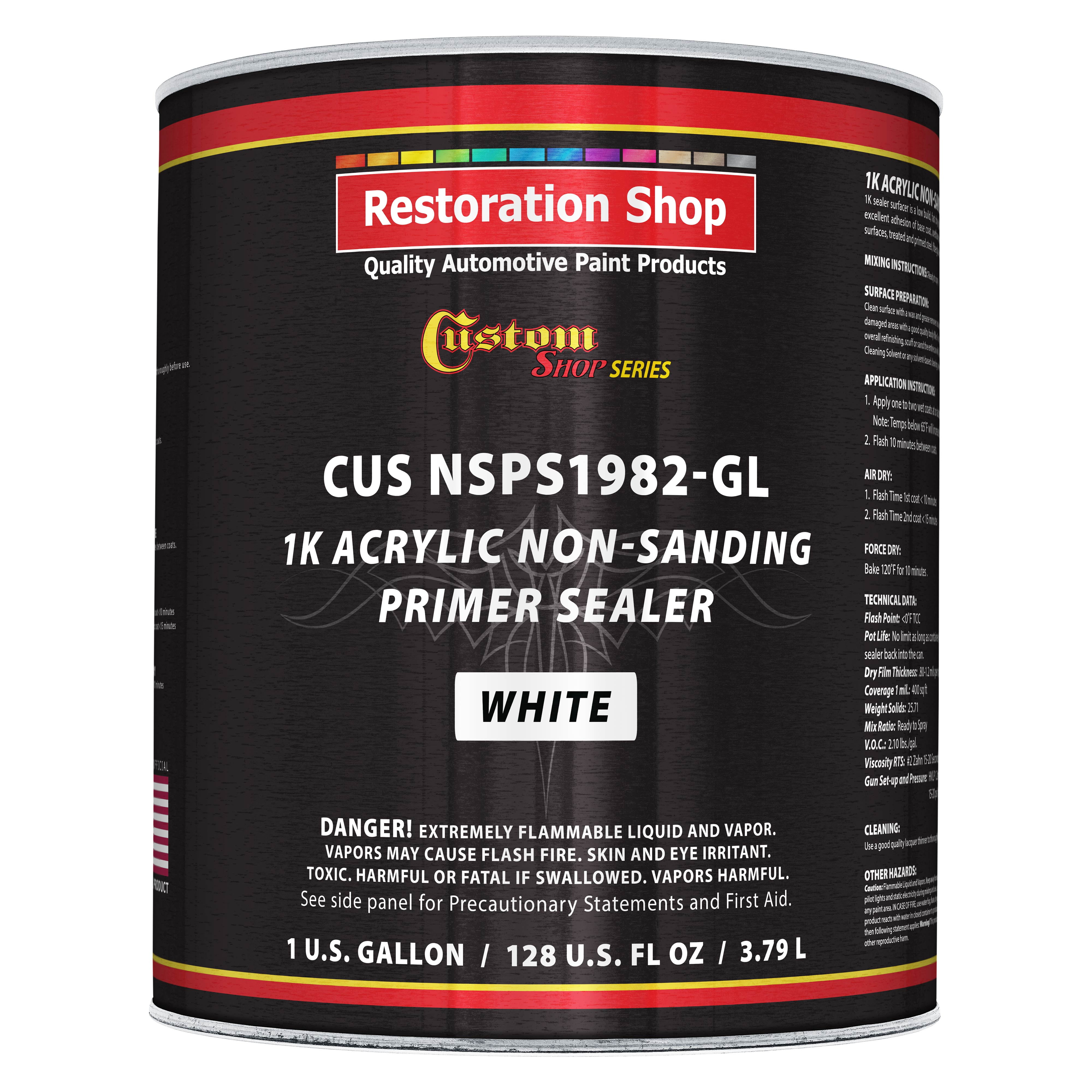 Custom Shop Premium 1K Acrylic Non-Sanding Primer Sealer Paint, Color White, 1 Gallon - Fast Drying, Ready-To-Spray, Apply Over Automotive Primer Surfacers, Sanded Finishes - Topcoat Urethane, Enamel