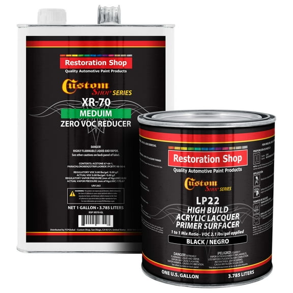 Custom Shop Premium High Build Acrylic Lacquer Primer Surfacer, Black & 0 VOC Compliant Reducer, 1 Gallon Kit