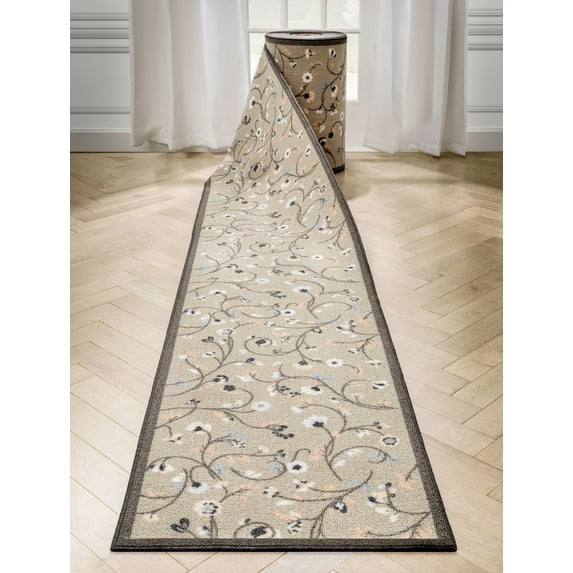 Custom Size 22" Wide Runner Non-Slip Rubber Backed Machine Washable Hall - 22 Inch Wide x 14 Feet Long Runner (22" x 14' Runner) Rug Jenni Taupe Botanical Floral Indoor Outdoor Low Pile
