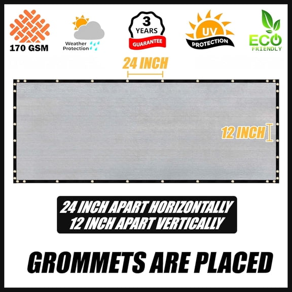 Custom Size 8' x 20' Grey Fence Privacy Screen Windscreen Cover Netting Mesh Fabric Cloth - Cable Zip Ties Included