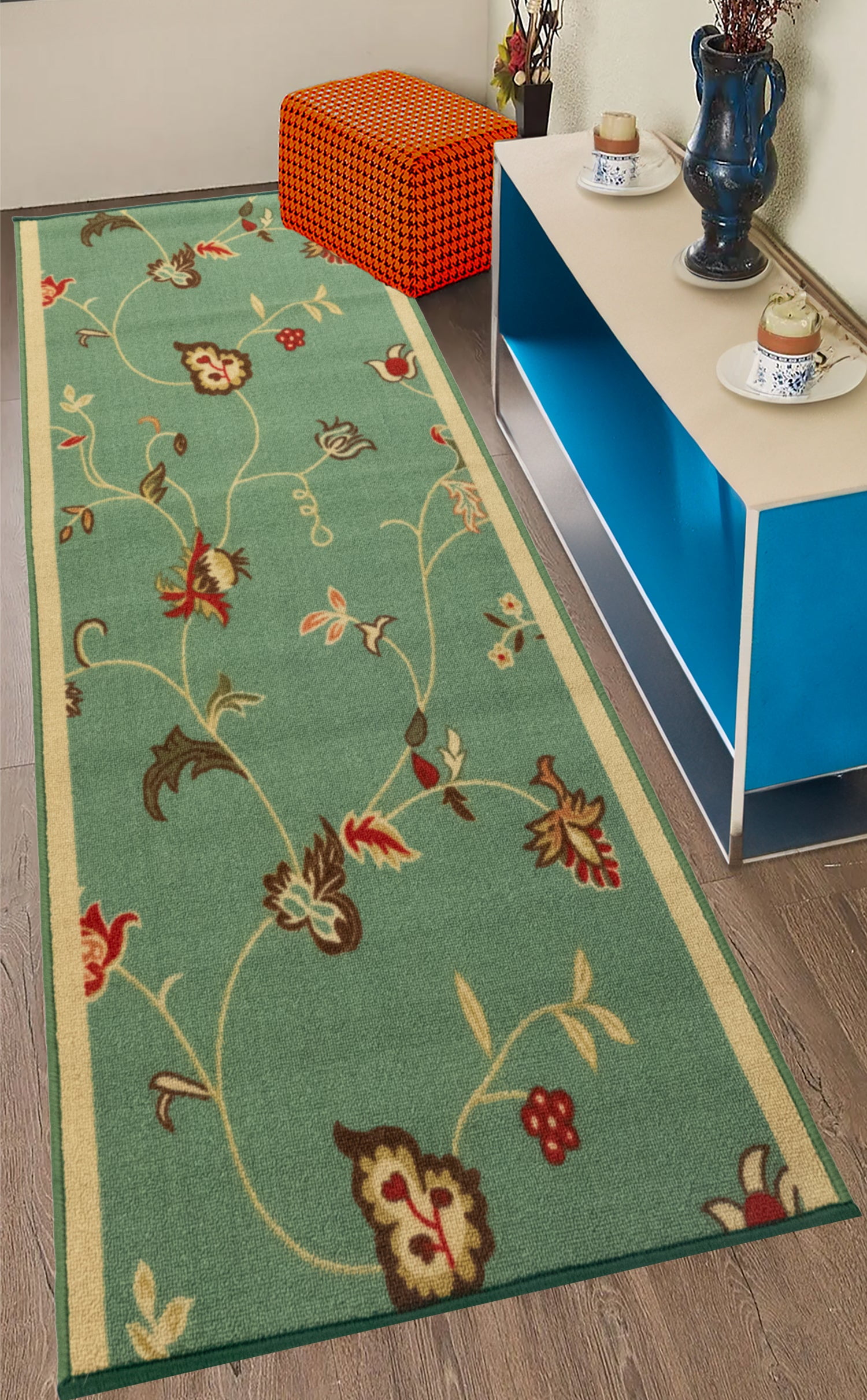 Custom Size Anti Slip Backing Low Pile Floral Green Design for Indoor ...