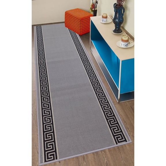 Custom Size Anti Slip Backing Low Pile Meander Greek Key Bordered Gray Design for Indoor Mat Rug Hallway Entryway Stairway Bedroom Kitchen ( Meander Gray, 30" x 4' )