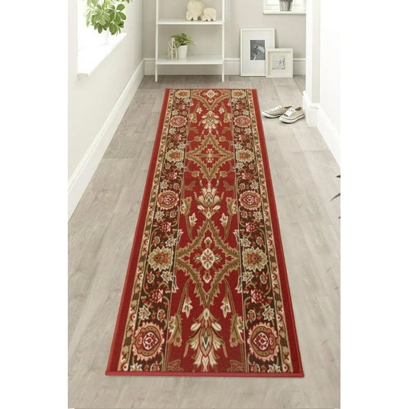 Custom Size Anti Slip Backing Low Pile Oriental Mahal Red Design for Indoor Mat Rug Hallway Entryway Stairway Bedroom Kitchen ( Oriental Mahal Red, 26" x 10' )