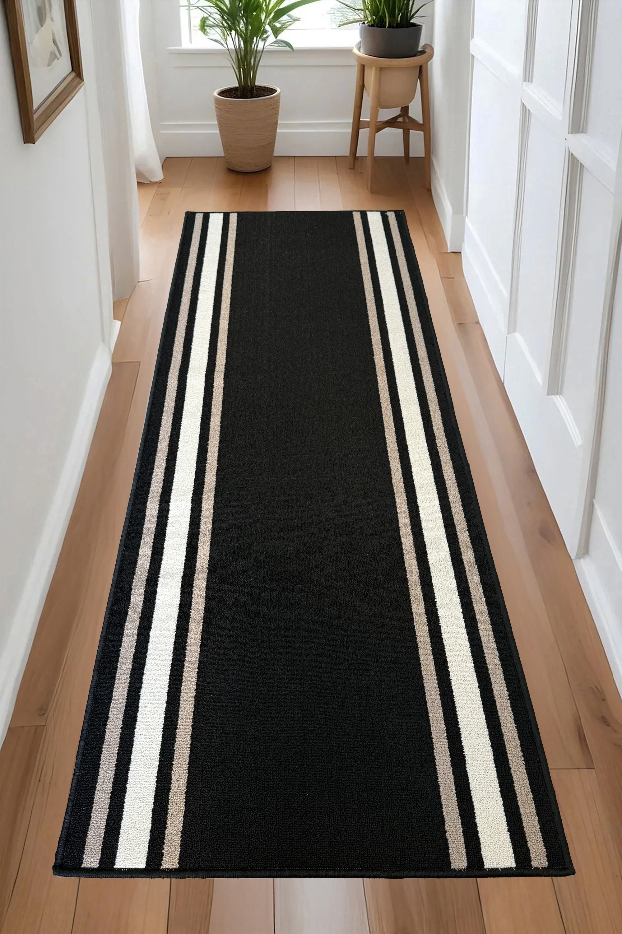 Custom Size Anti-Slip Machine Washable Loop Pile Bordered Black Runner Rugs ( 10' x 36")
