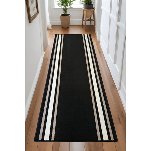 Custom Size Anti-Slip Machine Washable Loop Pile Bordered Black Runner Rugs ( 3' x 26")