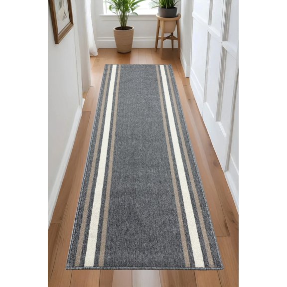 Custom Size Anti-Slip Machine Washable Loop Pile Bordered Dark Gray Runner Rugs ( 9' x 26")