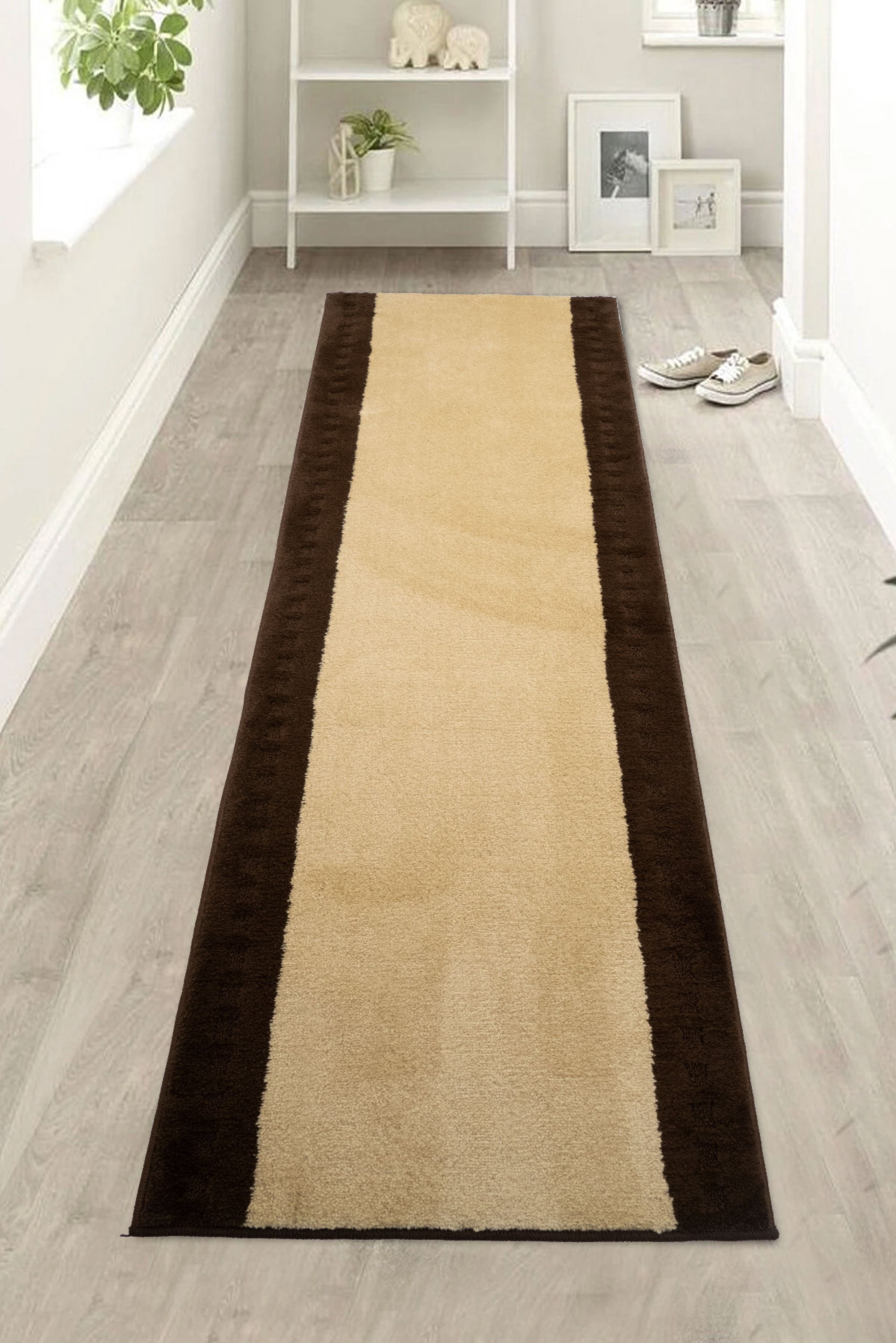 Custom Size Anti-Slip Machine Washable Medium Profile Cut Pile Cream Bordered Brown Runner Rugs ( 25' x 26")