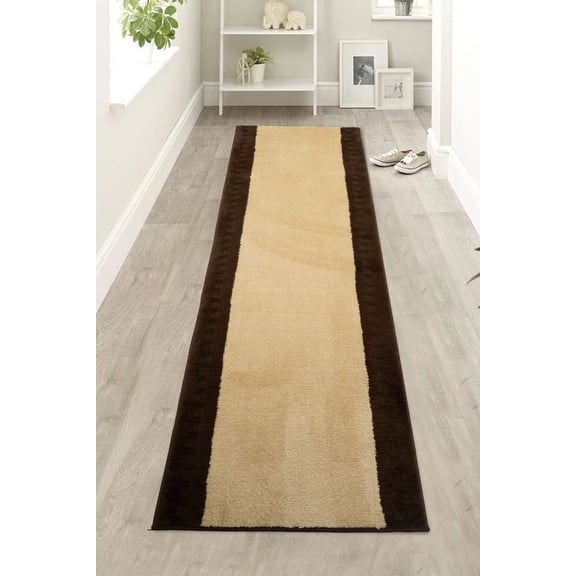 Custom Size Anti-Slip Machine Washable Medium Profile Cut Pile Cream Bordered Brown Runner Rugs ( 3' x 26")