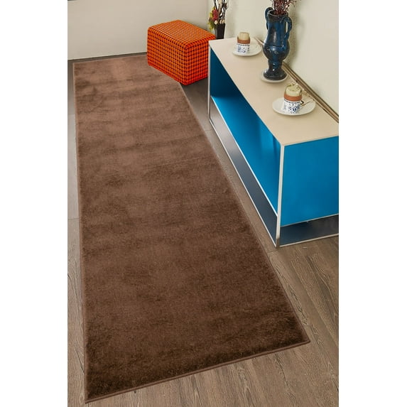 Custom Size Anti-Slip Machine Washable Medium Profile Cut Pile Solid Brown Runner Rugs ( 25' x 26")
