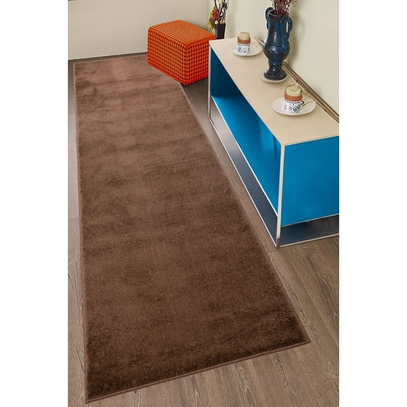Custom Size Anti-Slip Machine Washable Medium Profile Cut Pile Solid Brown Runner Rugs ( 4' x 26")