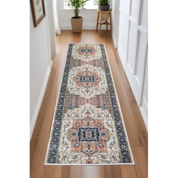 Custom Size Anti-Slip Machine Washable Printed Medallion Design Runner Rugs ( 14' x 26")