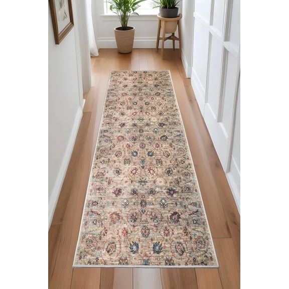 Custom Size Anti-Slip Machine Washable Vintage / Traditional Oriental Floral Design Runner Rugs ( 5' x 26")