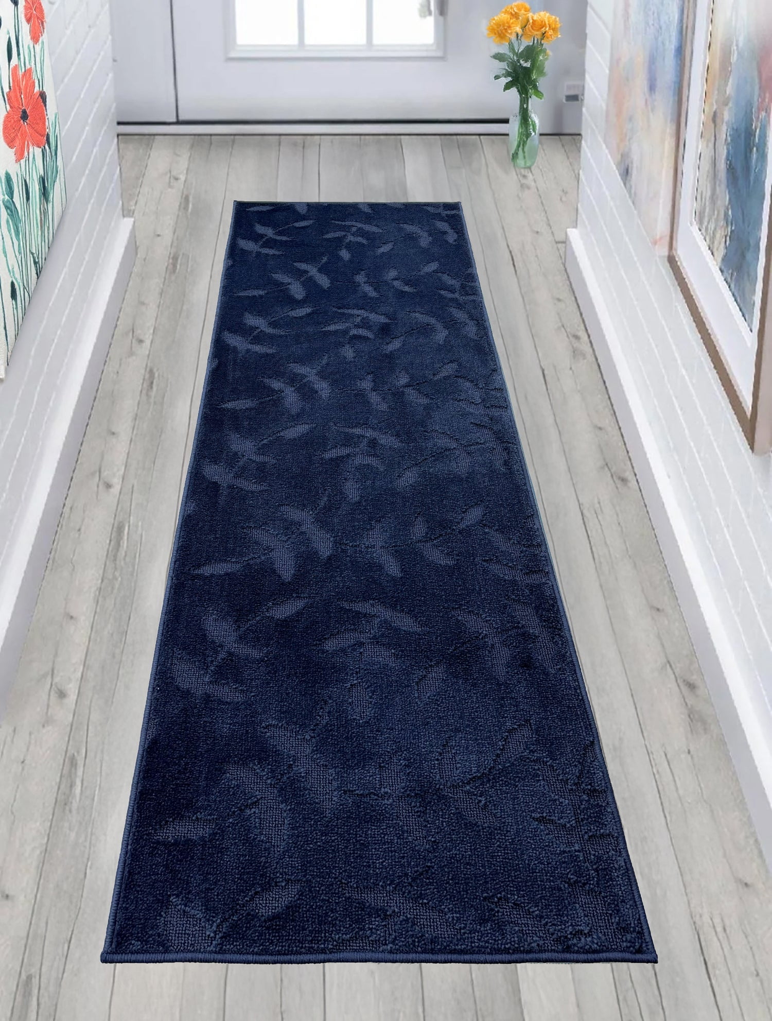 Custom Size Anti-Slip Washable Soft Pile Leaves Navy Carpet Runner Rugs ( 18' x 26")