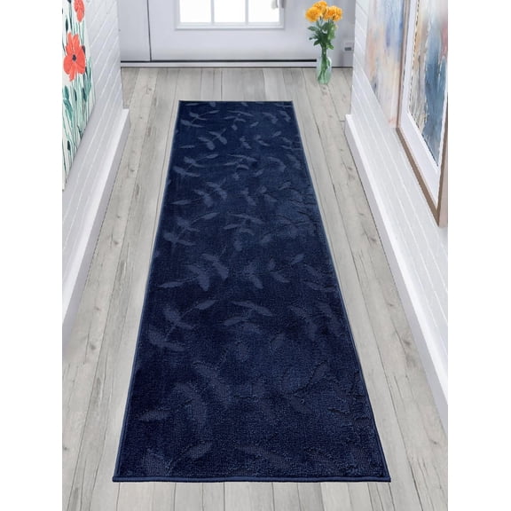 Custom Size Anti-Slip Washable Soft Pile Leaves Navy Carpet Runner Rugs ( 19' x 26")