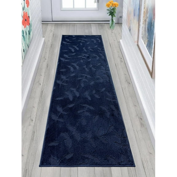 Custom Size Anti-Slip Washable Soft Pile Leaves Navy Carpet Runner Rugs ( 5' x 26")
