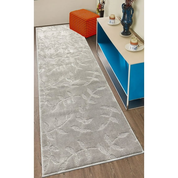 Custom Size Anti-Slip Washable Soft Pile Leaves Silver Carpet Runner Rugs ( 19' x 26")