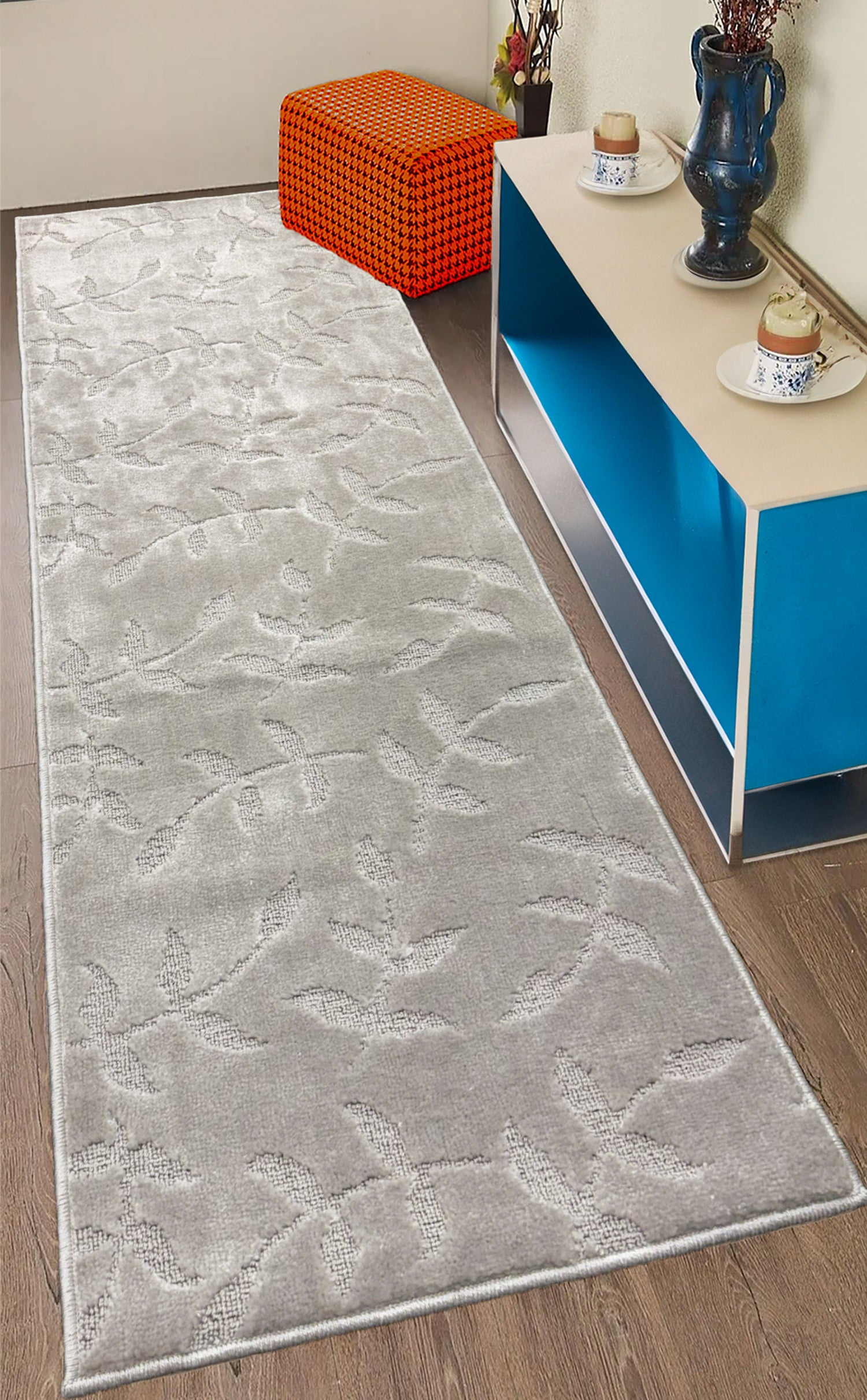 Custom Size Anti-Slip Washable Soft Pile Leaves Silver Carpet Runner Rugs ( 25' x 26")