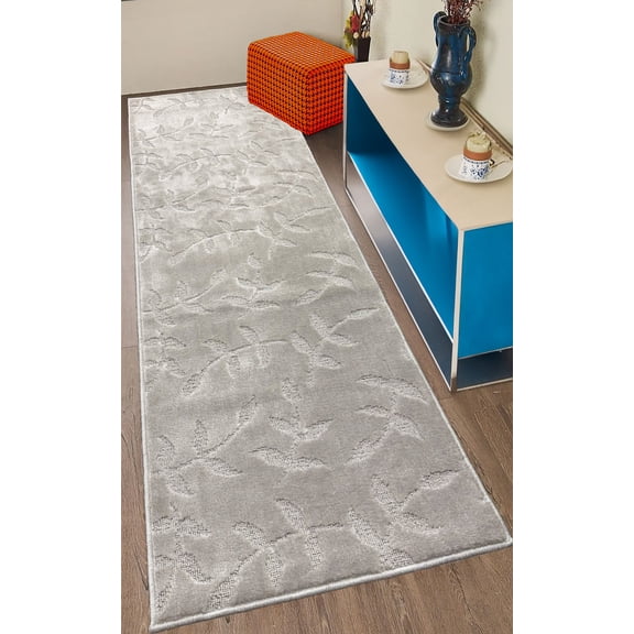 Custom Size Anti-Slip Washable Soft Pile Leaves Silver Carpet Runner Rugs ( 5' x 26")