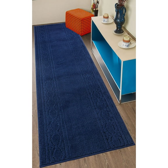 Custom Size Anti-Slip Washable Soft Pile Moroccan Trellis Navy Carpet Runner Rugs ( 17' x 26")