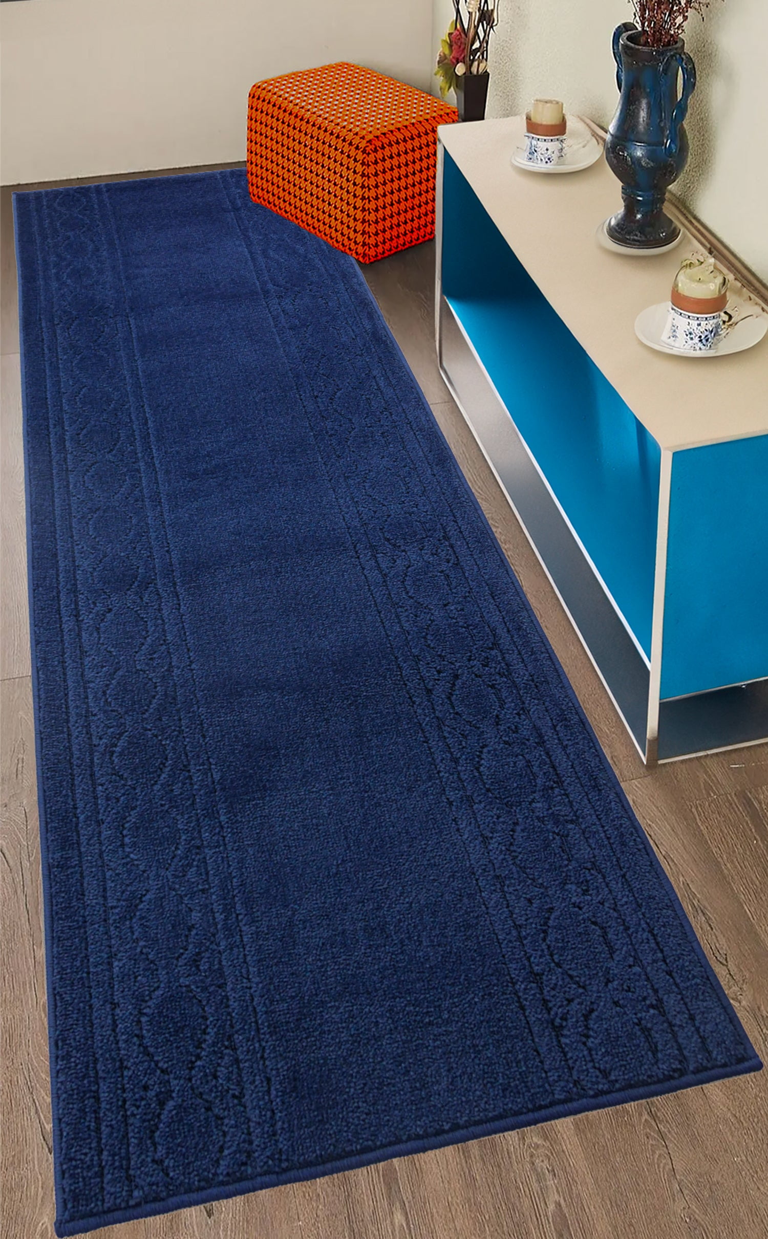 Custom Size Anti-Slip Washable Soft Pile Moroccan Trellis Navy Carpet Runner Rugs ( 4' x 26")