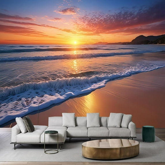Custom Size Beach Sunset Orange Glow Sea Peel and Stick Wallpaper - Removable Self-Adhesive Mural for Living Room, Bedroom & Tropical DecorDesigned by youself-90*60"