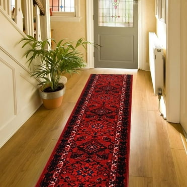 Custom Size Bokhara Design Traditional Style Burgundy Color Non-Slip Rubber Backing- 26 Inch Wide by Your Choice of Length-Hallway Stair Runner Carpet